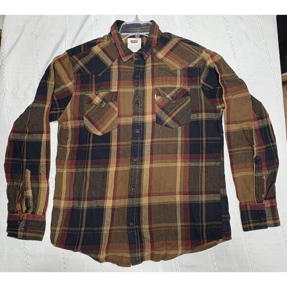 Levis Men's L Long Sleeve Plaid Flannel Shirt Button Front Chest Pockets Yokes - Picture 3 of 10